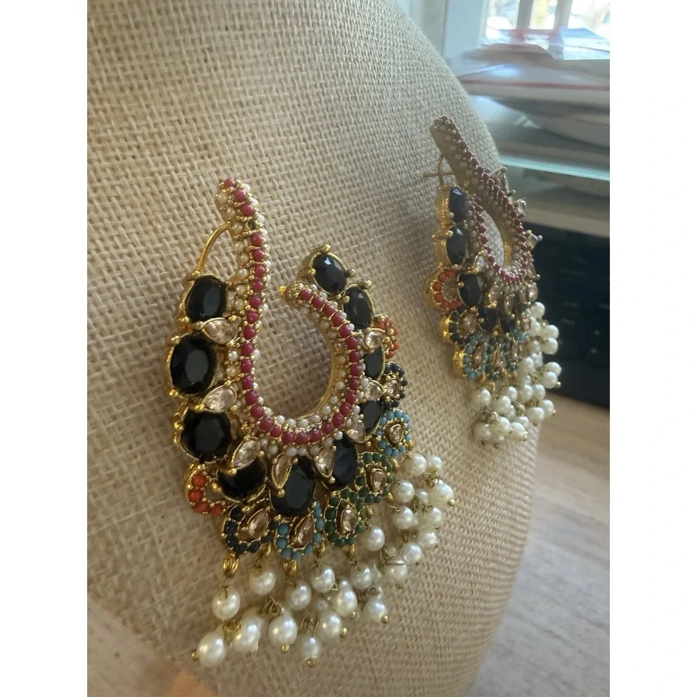 Black And Multicolor Turkish Statement Earrings Gold‎ Tone Pierced Double Lock